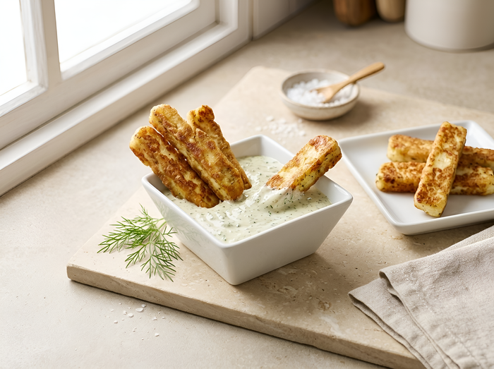 Garlic Halloumi Fries with a Healthy Garlic Dip