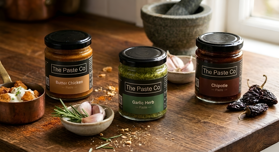 The Paste Co Butter Chicken, Garlic Herb and Chipotle pastes on a wooden board with fresh ingredients