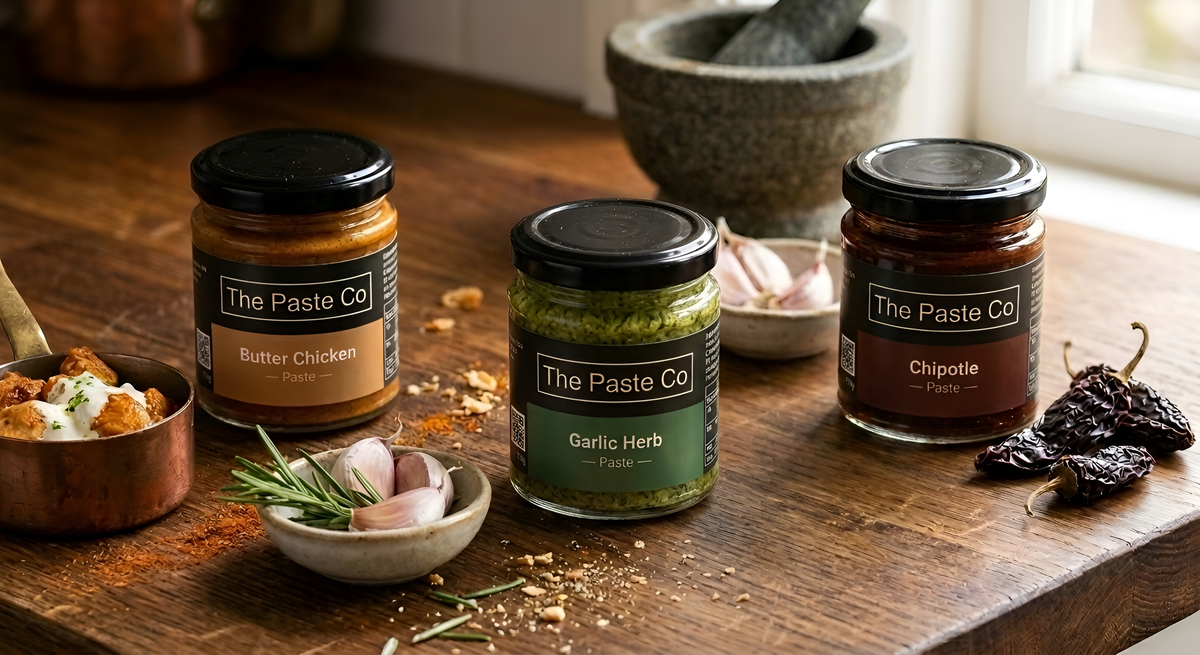 The Paste Co Butter Chicken, Garlic Herb and Chipotle pastes on a wooden board with fresh ingredients