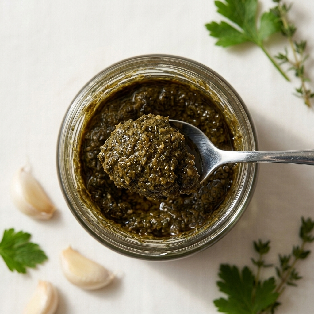 Open jar of The Paste Co Garlic Herb Paste showing the paste
