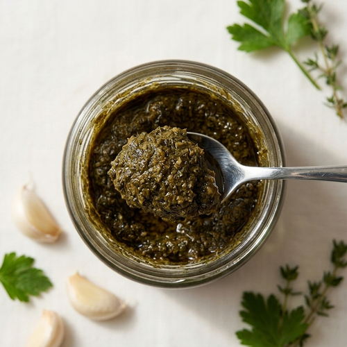 Open jar of The Paste Co Garlic Herb Paste showing the paste
